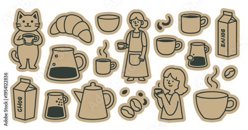 Cute cat woman coffee pot milk carton croissant and coffee beans