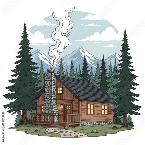 Cozy Log Cabin in Forest Scene.