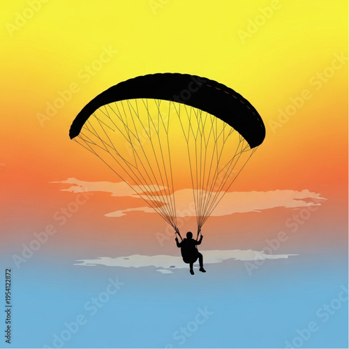 Paraglider Flying with Parachute in Air.
