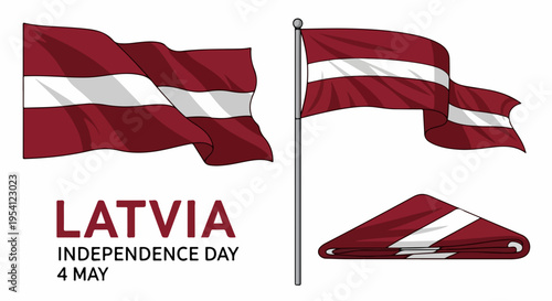 Latvia Independence Day flag illustrations for national celebration. Waving Latvia Independence Day banner on a pole and neatly folded, representing national pride.