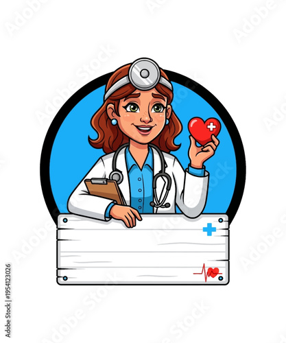 Smiling female doctor wearing a head mirror holds a small red heart symbol