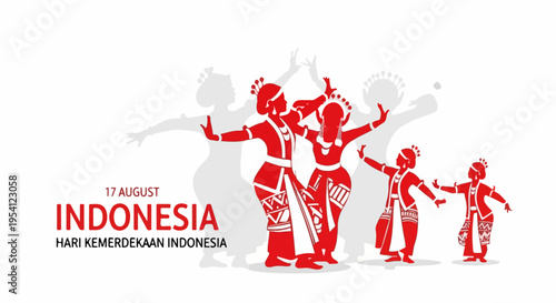 Indonesia Independence Day celebration with traditional dancers, iconic cultural imagery. Red figures represent vibrant spirit, commemorating 17 August Indonesia Independence Day.