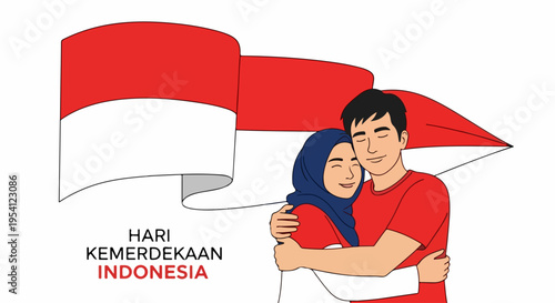 Indonesian Independence Day observance depicts embracing couple hugging under waving red and white national flag, displaying national unity.