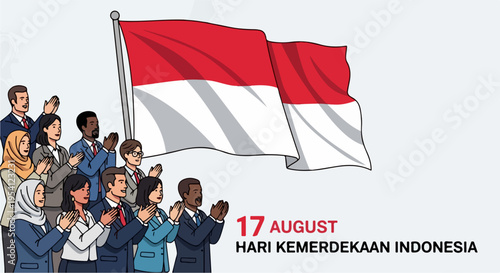 Diverse crowd celebrating Indonesian Independence Day with national flag waving proudly. People from various backgrounds united, applauding during Indonesian Independence Day ceremony,