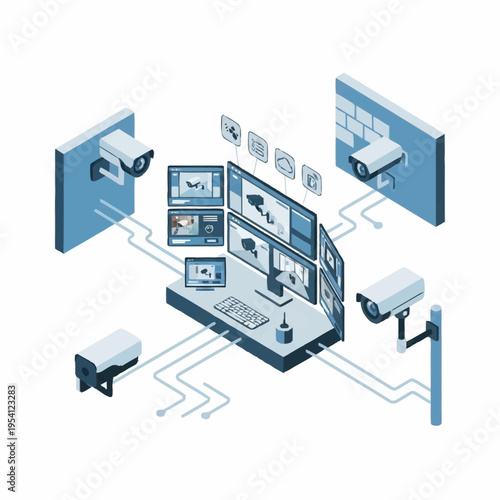 Isometric illustration of a security control room with surveillance cameras.