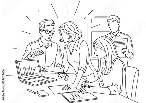 People business meeting with discussion around a laptop and papers featuring office, teamwork, collaboration with planning and strategy elements for