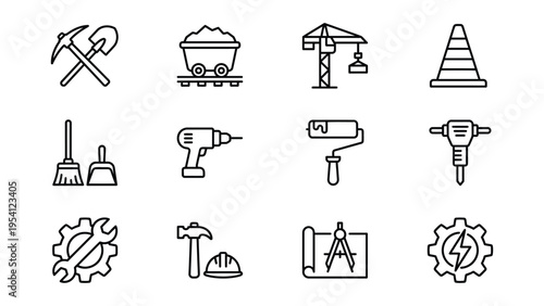 Industry and construction icon set, showing mining tools, cranes, heavy machinery, and safety equipment, safety cone