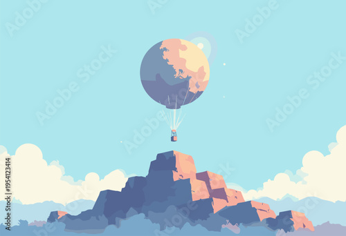 3D isometric graphic massive, heavy stone boulder tied to tiny, glowing helium balloon that is effortlessly lifting boulder into sky Lifting burden concept Soft sky blue palette No text