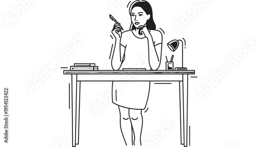 Woman sitting at desk with makeup brush in hand and lamp on the side featuring table, chair, working with beauty and cosmetics elements for daily
