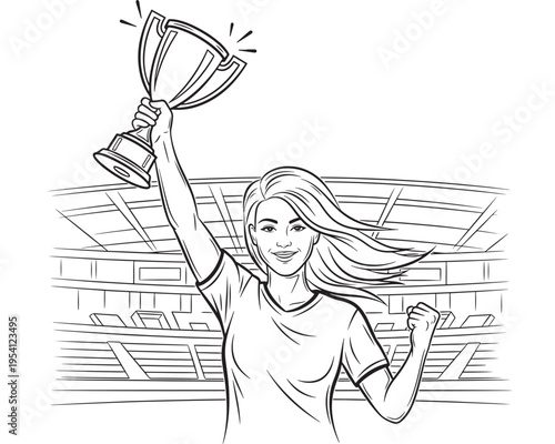 Trophy cup raised high by a triumphant woman with flowing hair... featuring award, victory, triumph with female and happy elements for smiling,