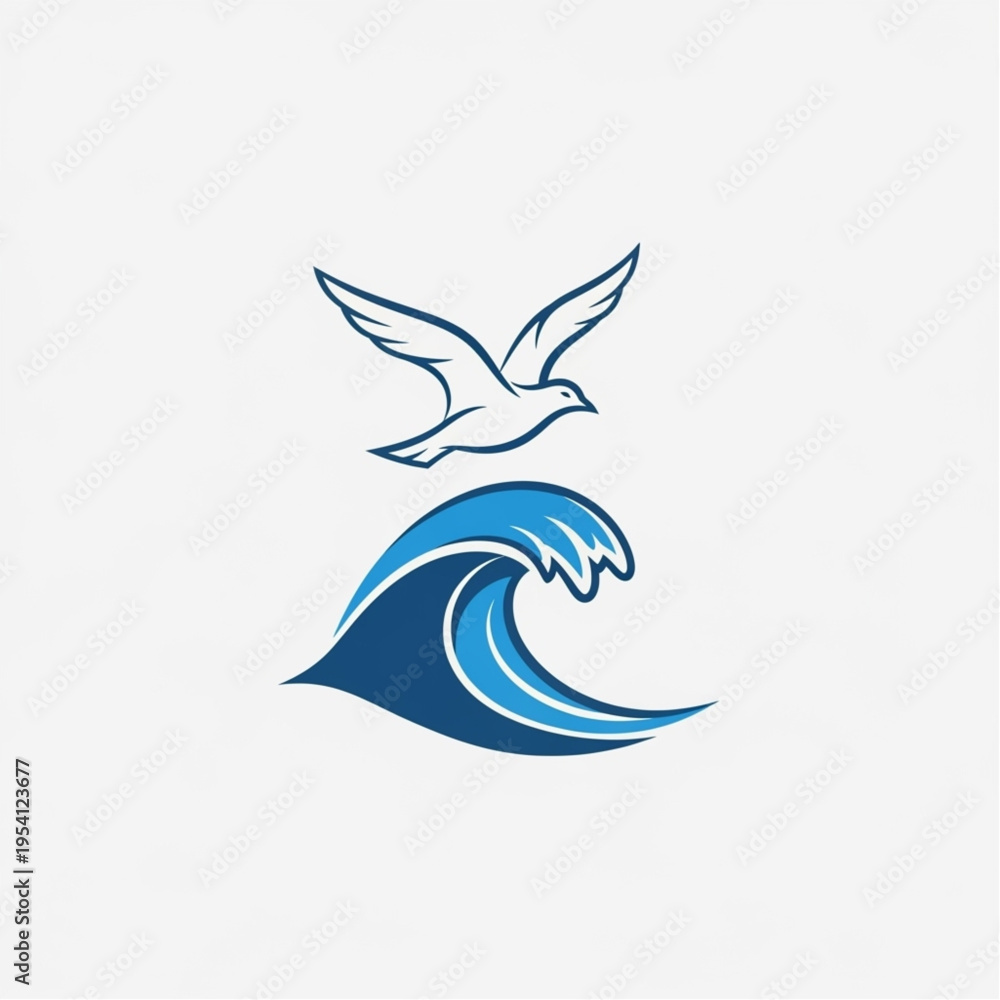 Fototapeta premium Seagull Flying Over Ocean Wave Illustration.