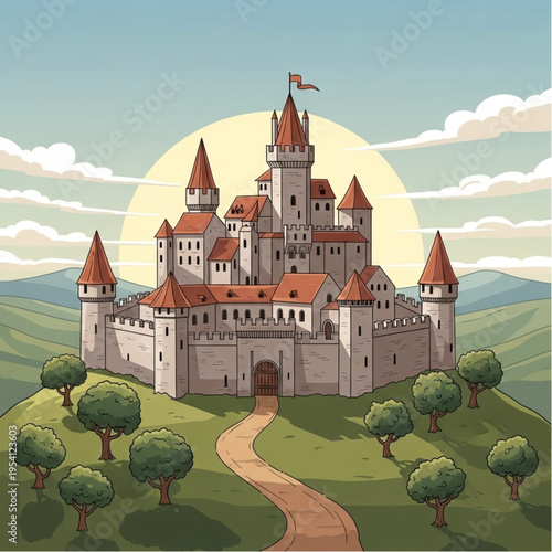 Fantasy Castle with Towers and Red Roofs.