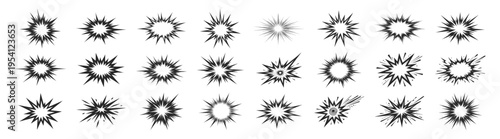 Sunburst burst shapes set, starburst radial rays, comic flash explosion elements, vintage decorative light effects collection, vector illustration on transparent background