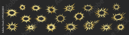 Sunburst burst shapes set, radial rays, vintage decorative starburst elements, comic style light flashes collection on black background