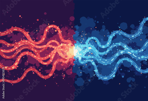 flat illustration showing chaotic, tangled knot red wires left side, seamlessly transforming into perfectly straight, glowing blue line right side Simplification concept Clean background