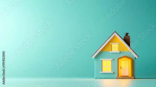Colorful miniature house model with bright yellow accents and glowing windows against a turquoise background in a cozy setting