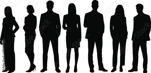 Black silhouettes of diverse men and women in casual summer clothing and fitness wear standing in a row isolated on a white background.