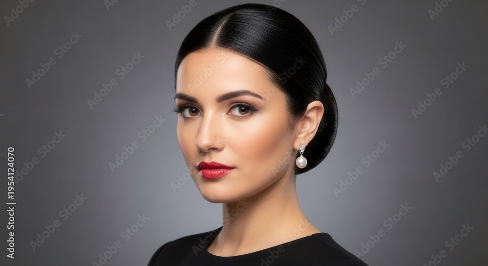 Naklejka premium Elegant Woman With Pearl Earring Red Lips Dark Hair