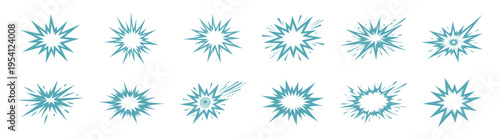 Comic sunburst burst shapes set, starburst explosion radial rays, pop art flash effects, decorative vector elements on transparent background