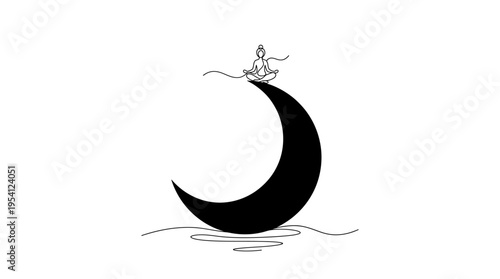 "Minimalist Meditating Line Art Figure on Giant Crescent Moon, Solitude and Inner Peace, Pure Vector Monochrome"