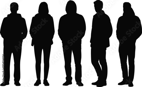Black silhouettes of diverse young people wearing winter jackets and hoodies standing in a row isolated on a white background for seasonal fashion design.