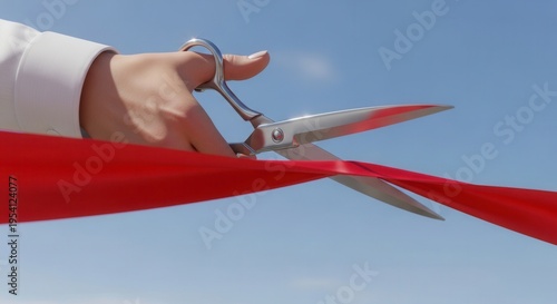 Hand cutting red ribbon with scissors
