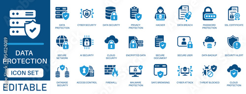 Data protection and cyber security icon set. featuring data privacy, encryption, cloud security, firewall, and malware protection in blue flat design style.