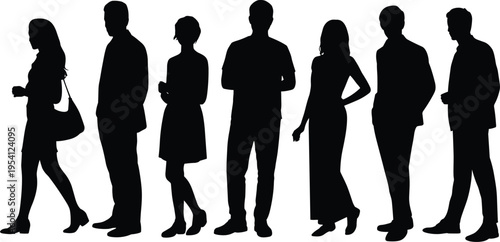 Black silhouettes of diverse men and women in professional and casual clothing standing in a row isolated on a clean white background for design.