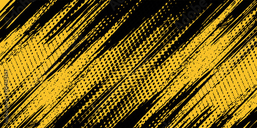 Black backdrop with dot halftone pattern element on yellow background. Grunge brush artistic. Retro comic graphic design ready for poster or wallpaper. Vector illustration