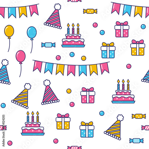 Colorful Happy Birthday Seamless Pattern set with Balloons, Gifts and Cake for Wrapping Paper, Textile and Stationery
