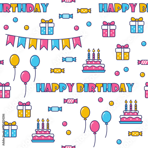 Colorful Happy Birthday Seamless Pattern with Balloons, Gifts and Cake for Wrapping Paper, Textile and Stationery