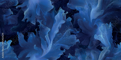 Abstract dark blue floral seamless pattern with elegant line art for luxury textiles and branding packaging.