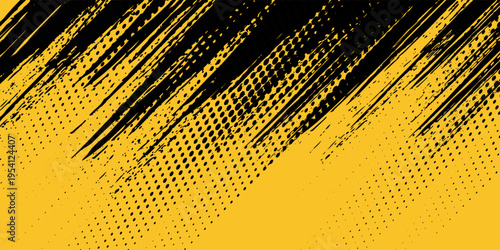 Black backdrop with dot halftone pattern element on yellow background. Grunge brush artistic. Retro comic graphic design ready for poster or wallpaper