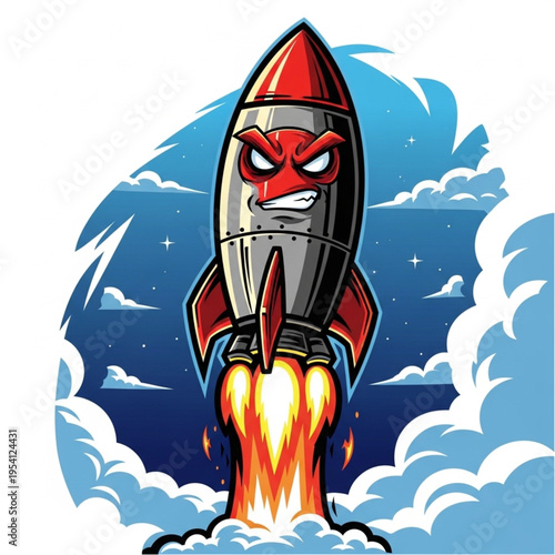 Cartoon Rocket Ship Launching into Space.