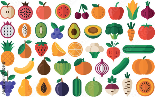  A vibrant grid of flat-style icons represents a wide range of colorful fruits and vegetables. Each illustration utilizes a modern, simplified geometric approach with bright, saturated hues. 