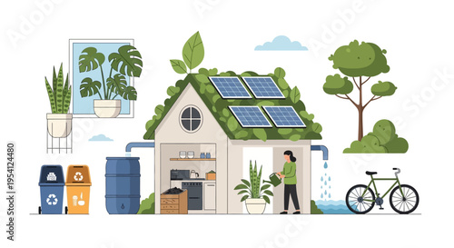 Modern Sustainable Home: Eco-Friendly Living with Solar Panels, Rainwater Harvesting, Recycling, and Composting