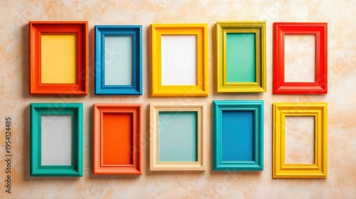 Colorful empty picture frames arranged on a textured wall in an artistic display, showcasing a vibrant design suitable for creative interior decoration