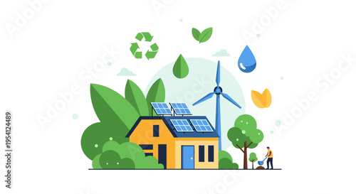 Green Eco-Friendly Home with Solar Panels, Wind Turbine & Renewable Energy. Sustainable Living Concept.