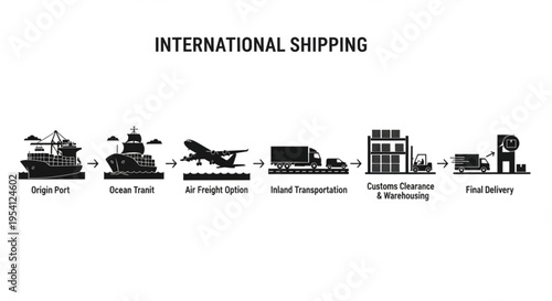 An illustration of the international shipping process showing the steps from origin port to final delivery