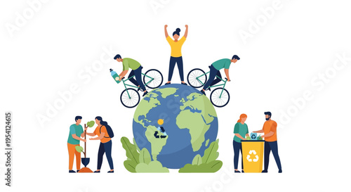 Eco-Friendly Lifestyle: Global Community Engaged in Sustainability, Planting, Recycling & Green Transport