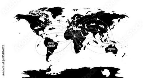 A black and white vector graphic illustration of a world map with airplanes and lines connecting various countries around the globe