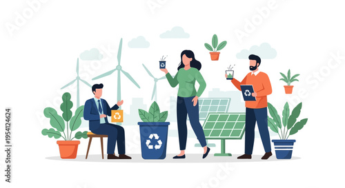 Diverse Team Collaborates on Sustainable Future, Promoting Green Energy, Recycling, and Environmental Protection. Flat Vector Illustration.