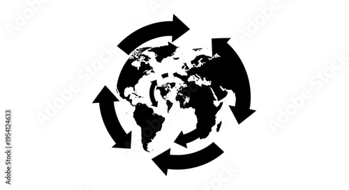 A black and white vector graphic illustration of the world with circular arrows symbolizing global connection and recycling