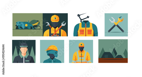 Flat Design Construction & Engineering Icons: Workforce, Tools, Safety Gear, and Industrial Equipment for Modern Trades.