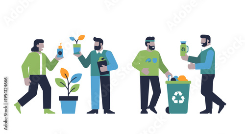 Sustainable Lifestyle & Recycling Illustration: People Practicing Eco-Friendly Habits, Environmental Conservation, and Green Living