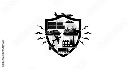 A black and white vector graphic shield icon featuring various transportation modes and industrial elements in a flat minimal design