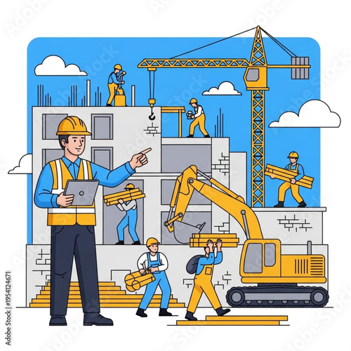 Construction Site with Workers and Crane.