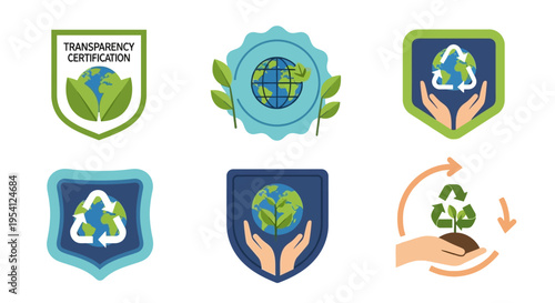 Eco-Friendly & Sustainable Certifications: Recycling, Earth Protection, and Transparency Badges Vector Set
