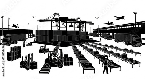 A black and white vector graphic illustration of a busy airport cargo terminal with forklifts and trucks loading and unloading shipping containers and pallets