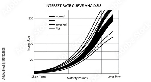A line graph illustrating interest rate curve analysis with normal, inverted, and flat yield curves on a white background
